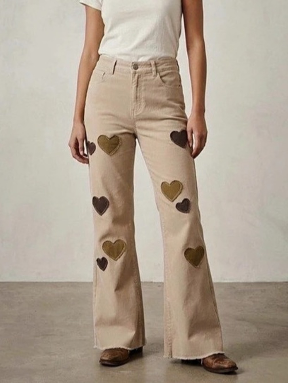 Heart Patchwork Appliqué Wide Leg Jeans 100% Cotton Waist 30 by SHIEN MOD